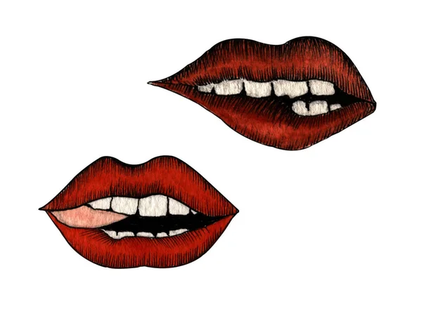 Hand Drawn Watercolor Set Two Isolated Red Lips White Background — Stock Photo, Image