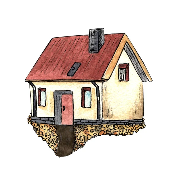Ręcznie Rysowany Pojedynczy Pojedynczy Akwarela Mały Wiejski Dom Czerwonym Dachem — Zdjęcie stockowe