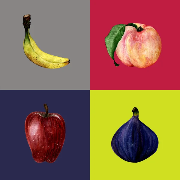 손으로 복숭아 무화과 바나나 색깔의 사각형에 — 스톡 사진