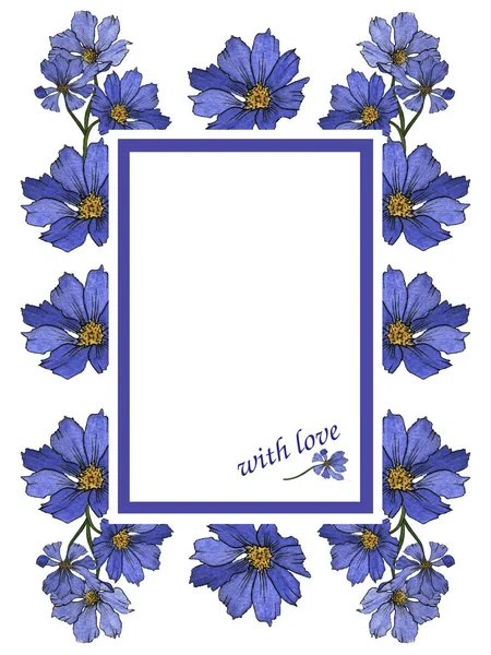 Beyaz Arka Planda Mavi Çiçekli Suluboya Çerçeve — Stok fotoğraf