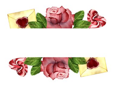 Gülün el çizimi suluboya çerçevesi, içinde kalp olan zarf, beyaz arka planda şeker kamışları..