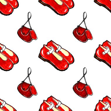 Beyaz arka planda kırmızı ayakkabılar ve kırmızı çantalar çizilmiş..