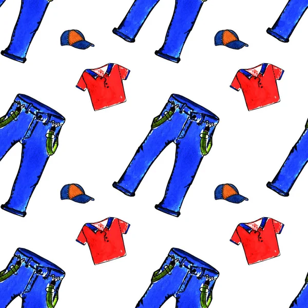 hand drawn watercolor seamless pattern of jeans, baseball cap and polo clothes on a white background.