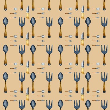 El çizimi suluboya desenli çelik kaşık çatal bıçak bej arka planda ahşap saplı.