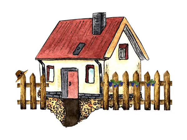 Handgezeichnetes Aquarell Isoliert Alten Dorfhaus Mit Holzzaun Auf Weißem Hintergrund — Stockfoto