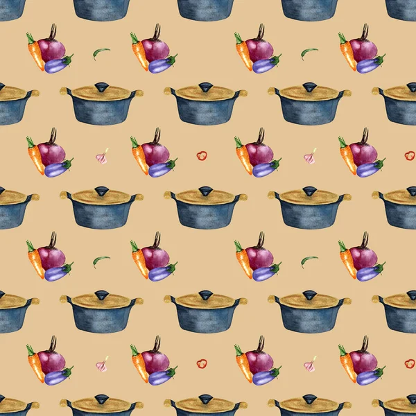 Hand Drawn Watercolor Seamless Pattern Pots Autumn Colorful Vegetables Carrots — Stock Photo, Image