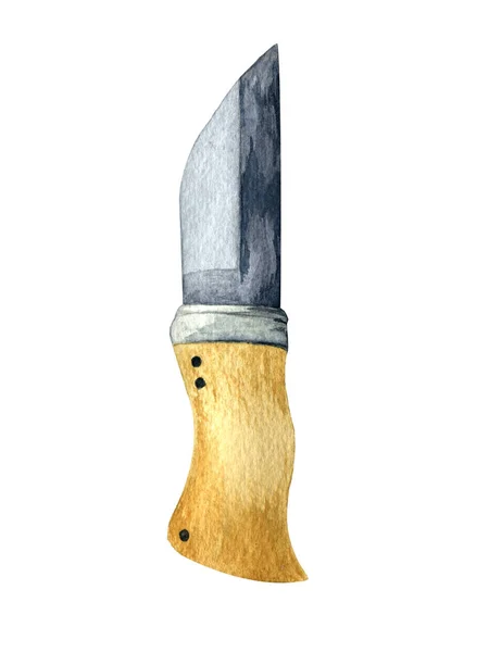 Coltello Caccia Acciaio Isolato Acquerello Disegnato Mano Con Manico Legno — Foto Stock