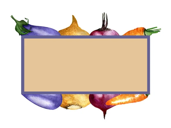 Hand Drawn Watercolor Rectangular Frame Fresh Autumn Vegetables Eggplant Carrots — Stock Photo, Image