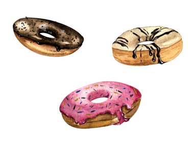 Beyaz arka planda üç renkli donuttan oluşan suluboya set..