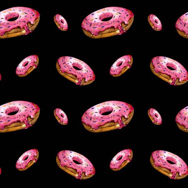 Elle çizilmiş suluboya pembemsi donutlar ve siyah arka planda krema..