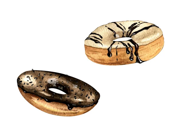 Conjunto Aquarela Desenhado Mão Dois Donuts Fundo Branco — Fotografia de Stock