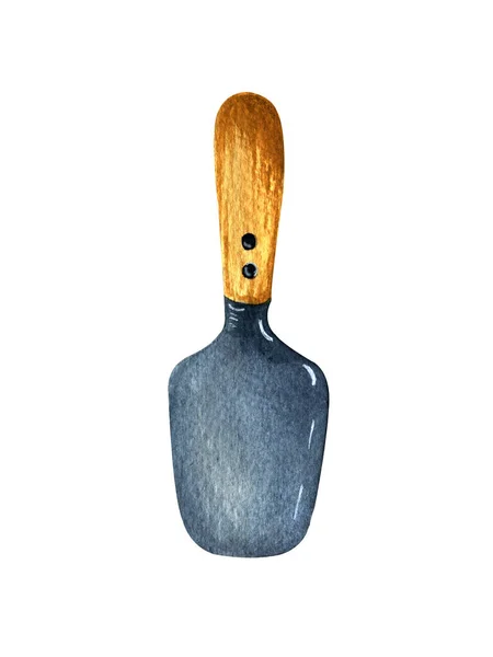 Hand Drawn Watercolor One Isolated Pan Shovel Wooden Handle White — Stock Photo, Image