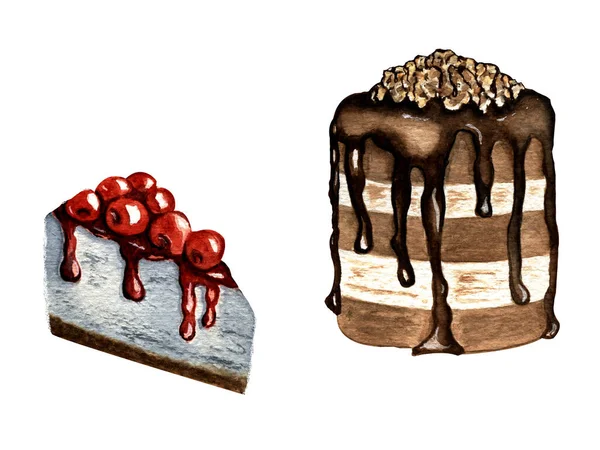 Акварельный Набор Изолированного Кусочка Вишневого Торта Круглого Шоколадного Торта Шоколадной — стоковое фото