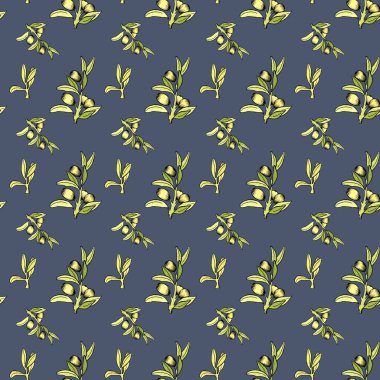 Koyu mavi arkaplanda yaprakları ve meyveleri olan, tekrarlayan yeşil zeytin dallarının pürüzsüz desenli suluboya çizimi..