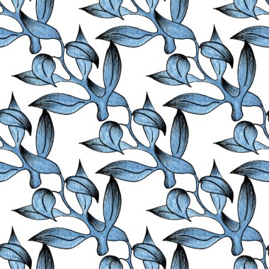 El çizimi suluboya desenli dekoratif karikatür mavi dallar beyaz arka planda yapraklar.