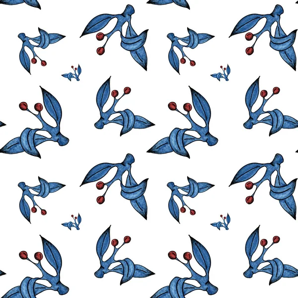 Ręcznie Rysowane Akwarela Bezszwowy Wzór Powtarzające Się Dekoracyjne Niebieskie Gałęzie — Zdjęcie stockowe