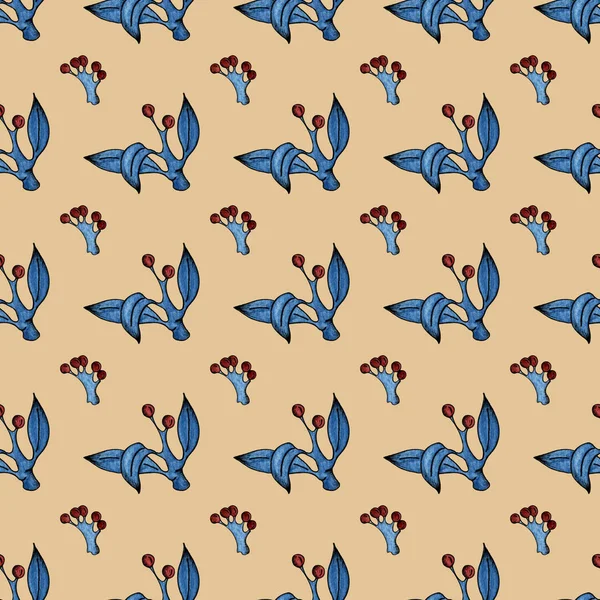 El çizimi, bej arkaplanda yapraklar ve böğürtlenlerle dekoratif mavi dalların pürüzsüz deseni..