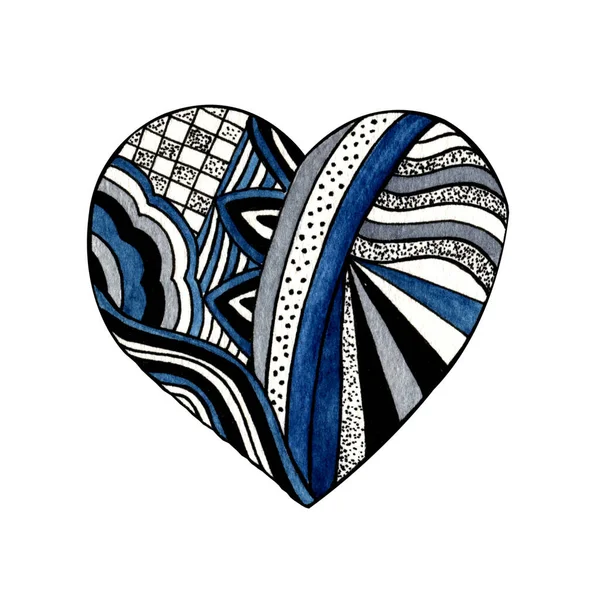 Handritade Akvarell Och Svart Penna Isolerad Blå Hjärta Mandala Vit — Stockfoto