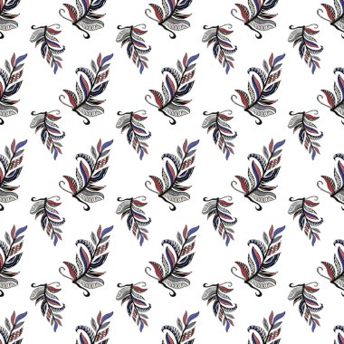 Elle çizilmiş suluboya, beyaz arka planda zentangle desenli yaprakları olan çok renkli dalları tekerrür ettiren kusursuz bir desen. Duvar kağıdı, kağıt, kumaş.