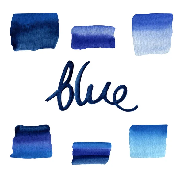 Met Hand Getekende Set Blauwe Aquarelvlekken Vlekken Een Witte Achtergrond — Stockfoto
