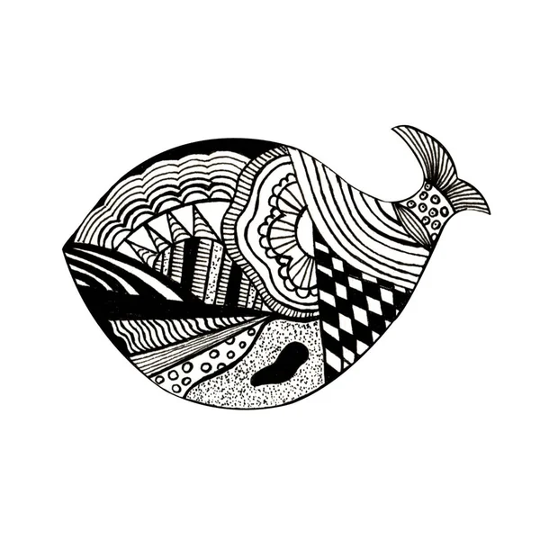 손으로 연필로 물고기와 바탕에 둥그스름 색조의 무늬로 물고기 — 스톡 사진