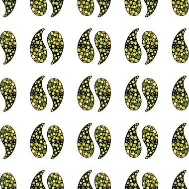 El çizimi kalem ve sulu boya desenli soyut izole kahve çekirdeklerini siyah ve yeşil renkli olarak beyaz arkaplanda tekrarlıyor. paketleme, duvar kağıdı, kumaş.