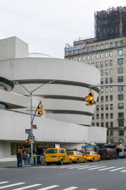 New York, NY / United States - Jan. 4, 2020: Vertical view of the exterior of the Solomon R. Guggenheim Museum on Fifth Avenue