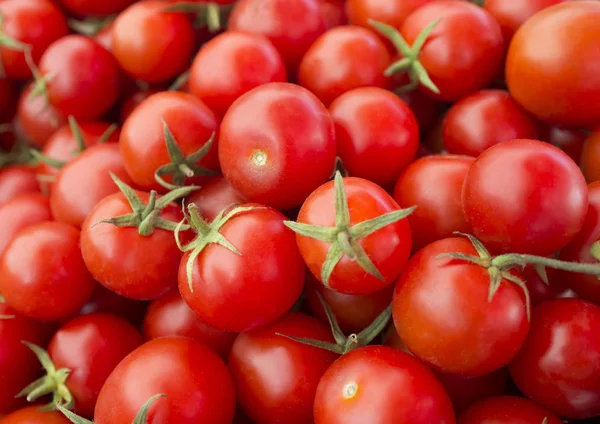美味的红番茄。一堆西红柿。夏季托盘市场农业农场充分的有机西红柿。新鲜的西红柿。它可以用作背景。（选择性焦点) — 图库照片