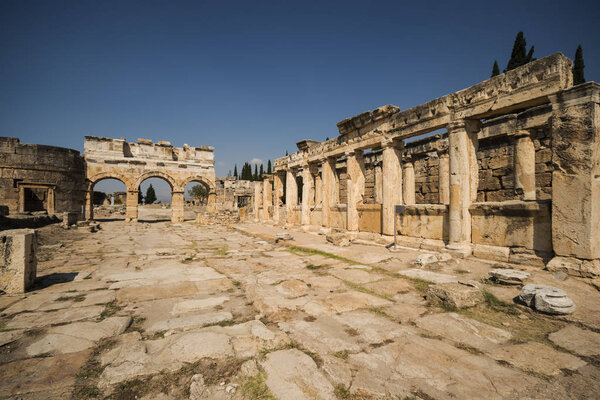 Hierapolis City Ruins. The ruins of the ancient city of Hierapolis is located adjacent to the hot springs of Pamukkale in Turkey. The site is a UNESCO world heritage site.