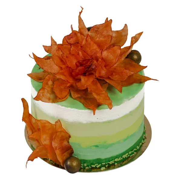 Torta Biscotti Strati Decorata Con Fiore Arancio Sfondo Bianco Focus — Foto Stock
