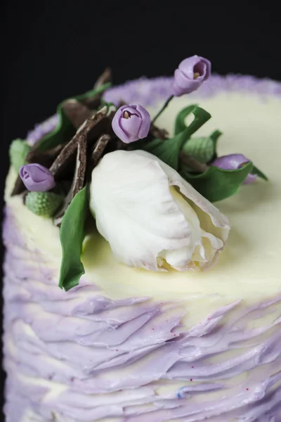 蛋糕与平房干酪 装饰与可食用的白色巧克力花在黑暗的背景 选择性聚焦 — 图库照片