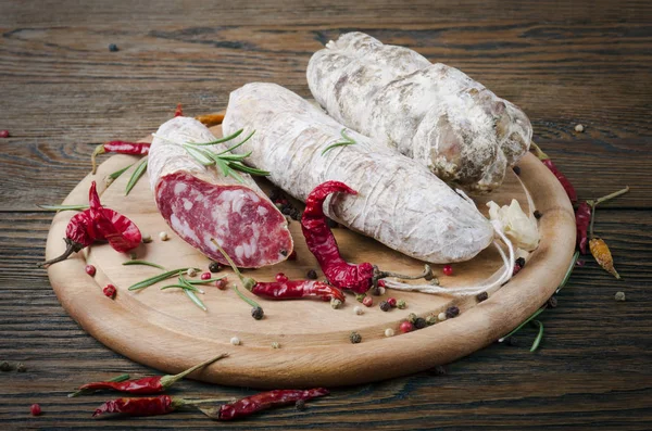 Italian Salami Pepper Rosemary Wooden Board — Stock Photo, Image