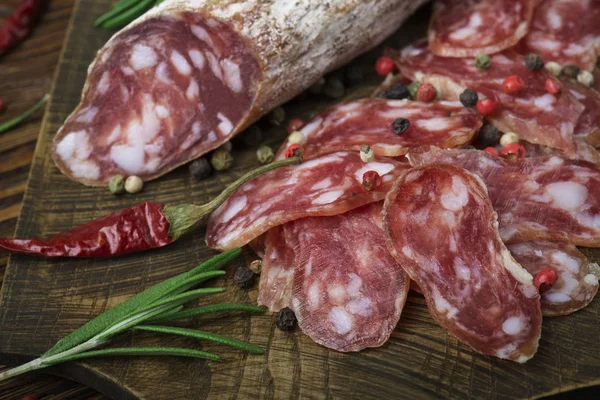 Italian Salami Pepper Rosemary Wooden Board — Stock Photo, Image