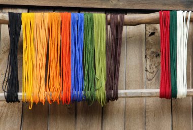 Ahşap duvar bir arka plan üzerinde renkli iplik