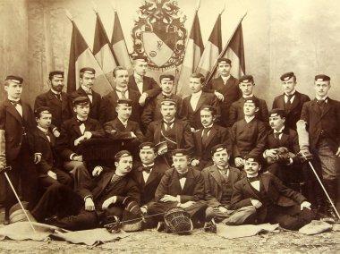 RIGA, LATVIA - CIRCA 1907: Graduates of the Riga Polytechnical Institute, the oldest technical university in the Baltics established on October 14, 1862 (in 1990, it was renamed to Riga Technical University) clipart