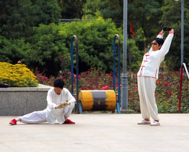 Yinchuan, Ningxia, China - 11 Temmuz 2011: tai chi park yaparken Çinli kadın