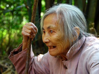 Guilin, Guangxi eyaleti, Çin - 6 Kasım 2007: Yaşlı Çinli kadın ile onun elinde bir personel. Son yıllarda Çin'de daha fazla ve daha fazla uzun ciğeri, 100 yıldan fazla olan yaşında olur.
