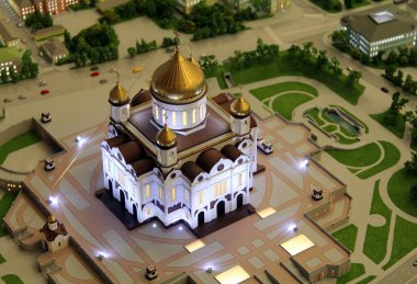 Moskova, Rusya - 23 Ağustos 2014: Model Katedrali, İsa'nın kurtarıcı, Moskova'nın dev mimari modeli parçası hiç Rus Sergi Merkezi