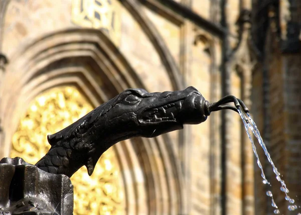 Detalj av gamla fontän på en bakgrund St Vitus Cathedral, Prag — Stockfoto
