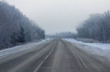 Karlı ormanın yanındaki boş yol. 