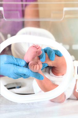 Üç günlük yeni doğmuş bebek, yoğun bakım ünitesinde, bir tıbbi inkübatörde. Doktorun el ve bacaklarının makro fotoğrafı. Yeni doğan kurtarma konsepti. Diriltme doktorlarının işi..