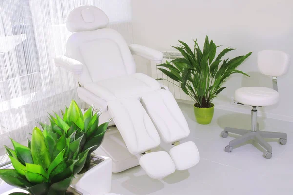 White leather couch with potted flowers in the interior of the beauty parlor. Kotsept convenience and service for customers cosmetology cabinet. — Stock Photo, Image