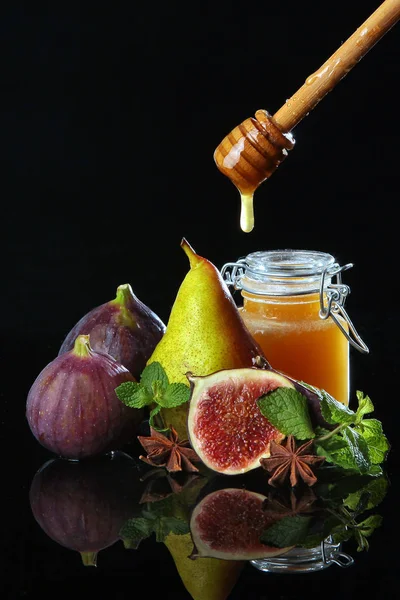Jar Honey Fruits Black Background Copy Space Still Life Concept — Stock Photo, Image