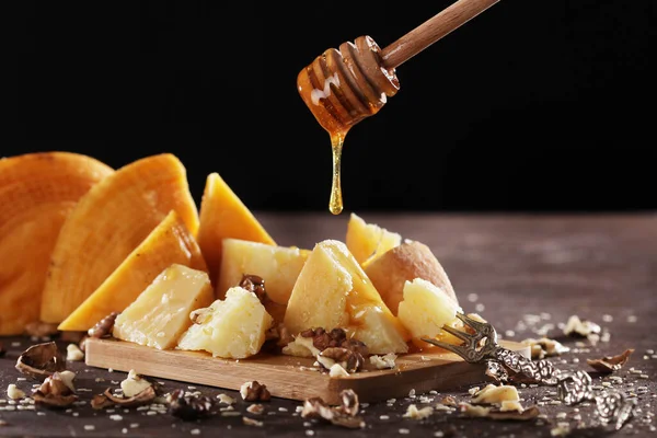 Drop Honey Falls Pieces Cheese Still Life Concept Photo Dark — Stock Photo, Image