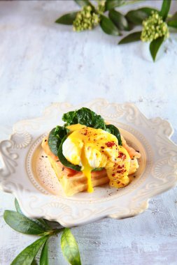 Kırmızı balıklı waffle ve haşlanmış yumurta. Beyaz tabakta bir tabak. Sabah Kahvaltısı konsepti. Üst Manzara. Boşluğu kopyala.