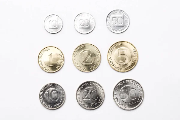 Словенська Монети Білому Фоні — стокове фото