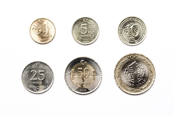Turecké Mince Bílém Pozadí — Stock fotografie