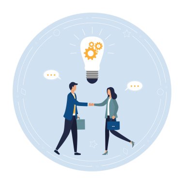 Bir iş adamı ve evrak çantalı bir kadın bir anlaşma yaptı. Karşılıklı faydalı işbirliği kavramı, ortaklık, yeni fikirler üretimi, bir girişimin tanıtımı. Whit üzerinde vektör düz illüstrasyon