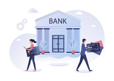 Bir adam ve bir kadın banka binasından çıkıyorlar ve ellerinde maaş kartıyla kredi kartları tutuyorlar. Kredi konsepti, çevrimiçi ödeme, taksitlendirme. Beyaz arkaplan üzerinde vektör düz illüstrasyon