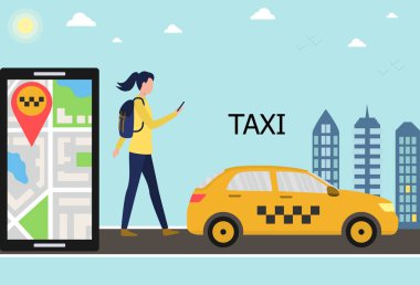 Sırt çantalı bir kız metropolde yürüyor ve mobil uygulamayı kullanarak taksi çağırıyor. Şehir haritası ve istikameti olan akıllı telefon. Taksi, gökdelenler. Düz vektör illüstrasyonu.